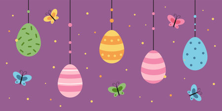 Vector easter banner. Easter eggs with butterflies. colorful.のイラスト素材
