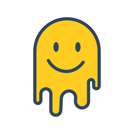Retro melting smiling face. Groovy funny emoji. good vibes. 70s.