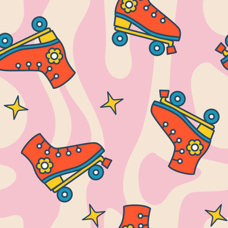 Vector seamless pattern with roller skates and stars. Groovy pattern with retro roller skates. Psychedelic pattern. Background for wrapping and clothing.のイラスト素材