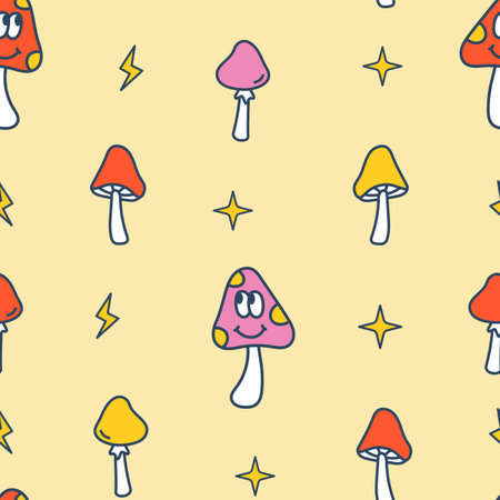 Vector retro pattern with cute mushrooms. Seamless pattern for kids. Groovy mushrooms. Mushroom with face.のイラスト素材