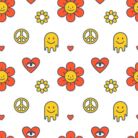 Vector groovy seamless pattern. Summer pattern in yellow and red colors. retro print. flowers and emoji. Hearts and peace sign.のイラスト素材