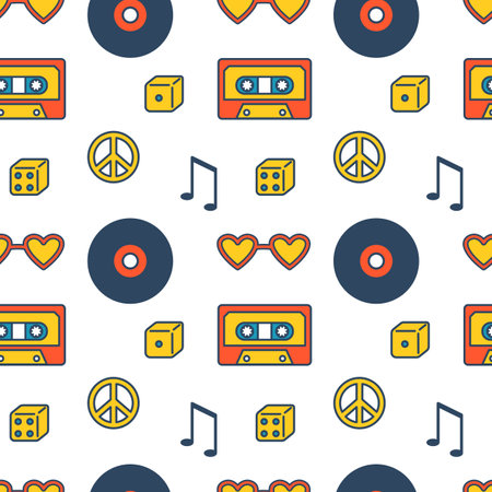 Groovy seamless pattern. Music pattern in retro style. musical elements. 1970s.のイラスト素材