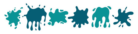 Vector paint splash set. Abstract turquoise, green and blue blots. Colorful cartoon paint splatter collection.のイラスト素材