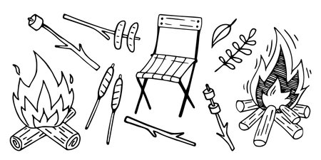 Vector doodle set for picnic. Hand drawn campfire, fried sausages and marshmallow on a stick.のイラスト素材