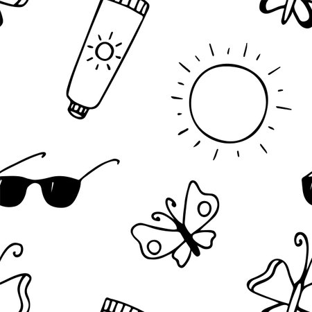 Vector seamless summer pattern. sun and sunscreen. butterflies. hand drawn background. outline. Travel and camping.のイラスト素材