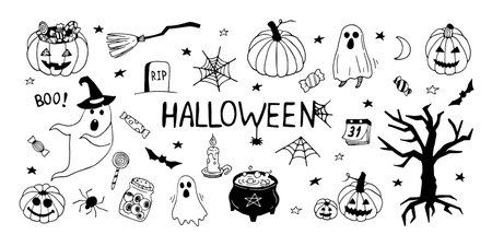 Hand drawn doodle halloween set. Vector cute and funny spirits, ghosts, pumpkins and sweets. outline.のイラスト素材
