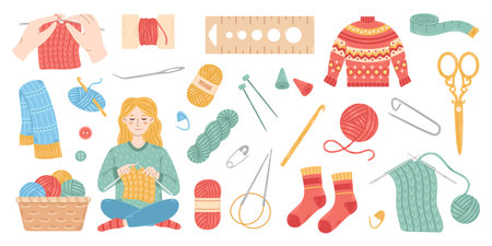 Vector knitting set elements. Wool yarn balls and skeins. Knit threads, needles, scissors. Crochet hook and basket with yarn. Cozy crafting hobby. Knitted warm clothing.のイラスト素材