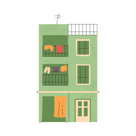 Green indian house with clotheslines. Vector poor building clipart.のイラスト素材