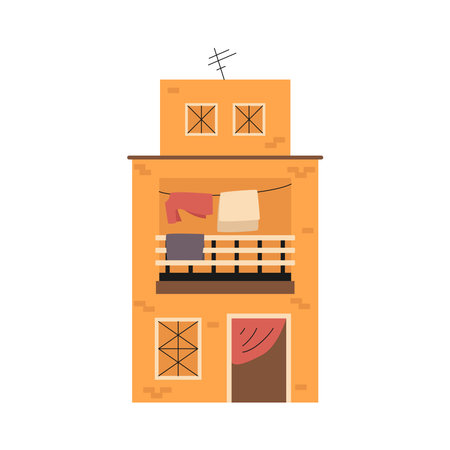 Yellow indian house with clotheslines. Vector poor building clipart.のイラスト素材