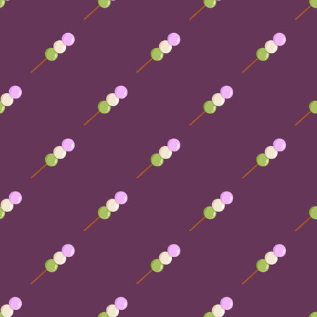 Vector seamless pattern with pink, white and green dango. Dark background with japanese traditional dessert with 3 different colors. Asian food. Hanami Dango.のイラスト素材