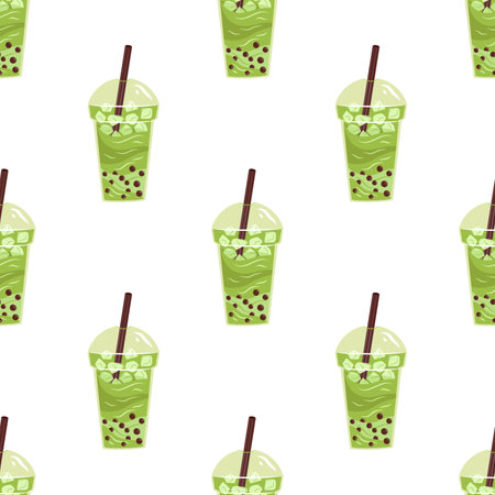 Vector seamless pattern with matcha bubble tea. White background with green tea. Asian food. Japanese dessert.のイラスト素材