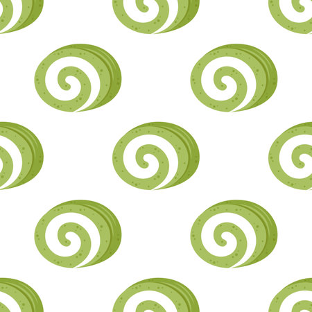 Vector seamless pattern with matcha roll cake slice with white cream filling. White background with japanese traditional matcha dessert. Asian food.のイラスト素材