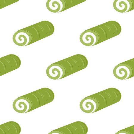 Vector seamless pattern with matcha roll cake with white cream filling. White background with japanese traditional matcha dessert. Asian food.のイラスト素材