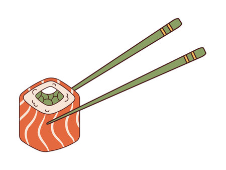Vector philadelphia sushi and chopsticks in retro style. Wooden chopsticks hold sushi roll.のイラスト素材