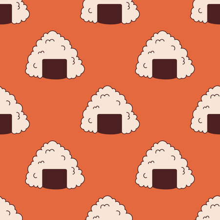 Vector seamless pattern with onigiri in retro style. Rice balls on red background 70s. Groovy asian food.のイラスト素材