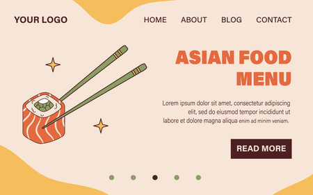 Vector Wooden chopsticks hold sushi roll in retro style. Groovy landing page web template. website design. Philadelphia sushi and chopsticks 70s.のイラスト素材