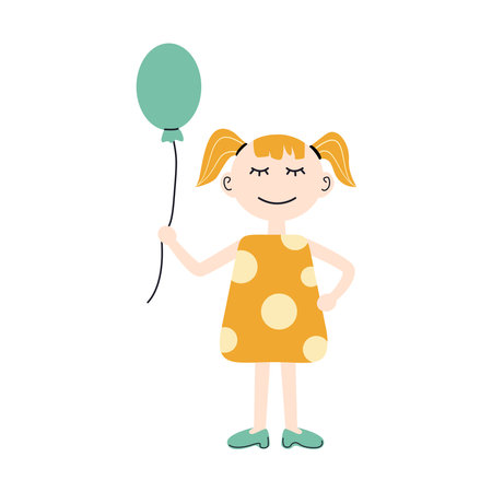 Vector cute little girl with green balloon. smile child. color clip art.のイラスト素材