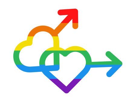 Doodle LGBT male symbols. Heart-shaped mars signs. Gay signs in rainbow colors. LGBTQ Plus.のイラスト素材
