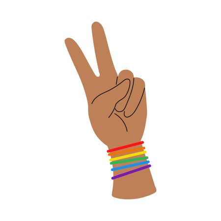 Vector victory dark-skinned hand with rainbow bracelet. Sign of victory or peace. LGBTQ clipart. Pride month.のイラスト素材