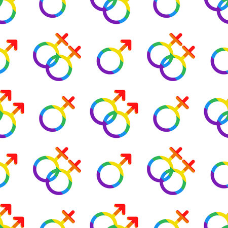 Vector seamless pattern with LGBT male and female symbols. Venus and mars signs in rainbow colors. Pride month. LGBTQ pattern.のイラスト素材