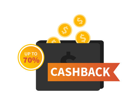 Vector cashback label with wallet. Business cash back icon. Return of money from purchases. Modern cashback bunner. Up to 70 percent.のイラスト素材