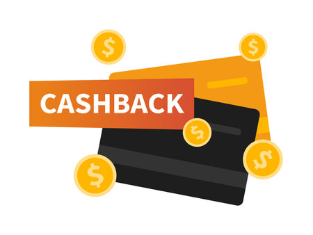 Vector cashback label with debit cards. Business cash back icon. Return of money from purchases. Modern cashback banner.のイラスト素材
