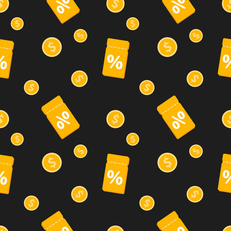 Vector seamless pattern with money and discount coupons. Coins and coupons on black background.のイラスト素材