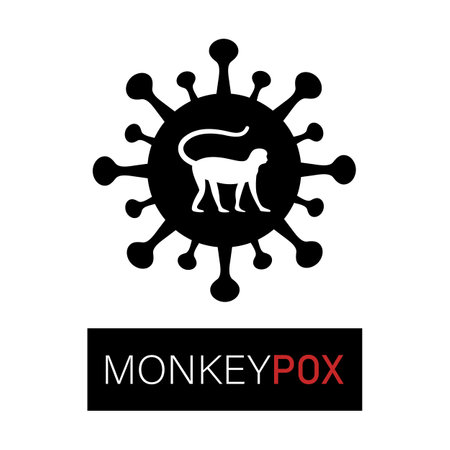Vector Monkeypox virus poster. Monkey silhouette in virus cell. Pox virus concept.のイラスト素材