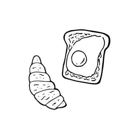 Hand drawn doodle avocado toast with egg and croissant. Breakfast.のイラスト素材