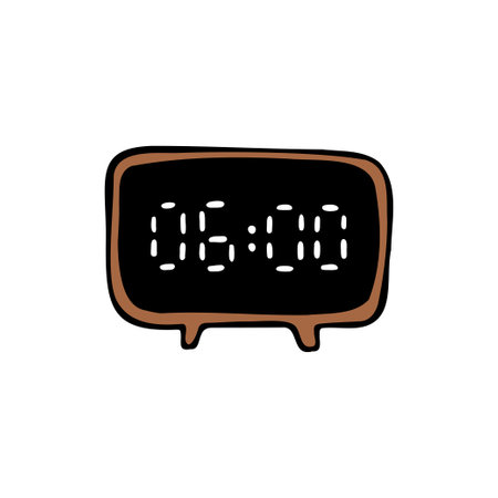 Hand drawn digital alarm clock. Vector doodle electronic watch in color. brown and black. white numbers.のイラスト素材