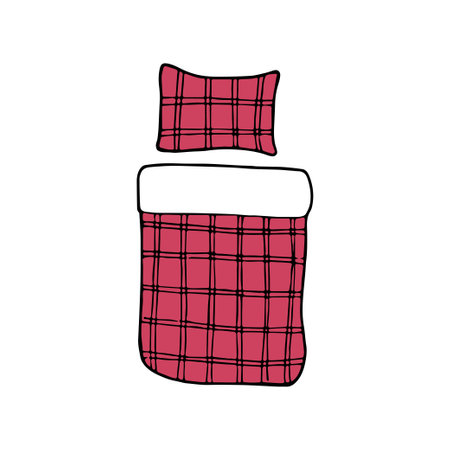 Hand drawn doodle plaid bed. Vector pillow and blanket in color.のイラスト素材