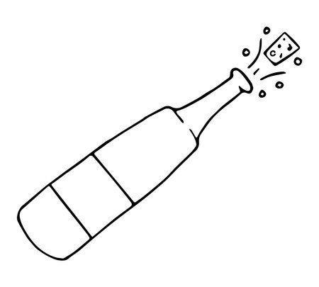 Doodle open bottle of champagne. Cute vector illustration of cork flying from a champagne bottle. Fun clipart for celebration.のイラスト素材