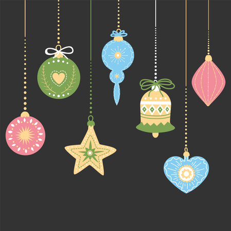 Christmas decoration set. Vector color illustration with christmas tree decoration. Cute hand drawn decorative elements for Christmas and New Year.のイラスト素材