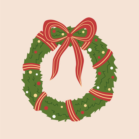 Christmas wreath doodle. Vector illustration in green, red and yellow color. Christmas wreath with striped ribbon and bow. Vector clipart for Christmas and New Year.のイラスト素材