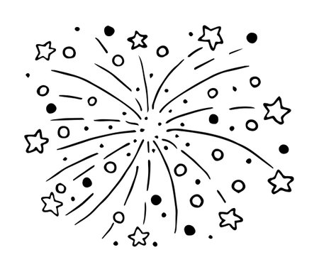 Shining firework with stars in doodle style. Vector illustration of firework clipart.のイラスト素材