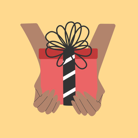 Black hands holding a giftbox. Vector illustration of gift in swarthy hands. Colorful illustration for Birthday, Christmas, New Year or another celebration or event.のイラスト素材