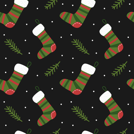 Christmas seamless pattern. Christmas socks with spruce branch on black background. Season design for wrapping, packing paper and cover. Christmas print for winter celebration.のイラスト素材