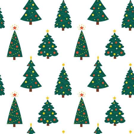 Vector seamless pattern with Christmas trees. Cute New Year pattern on white background. Cute evergreen fir trees.のイラスト素材