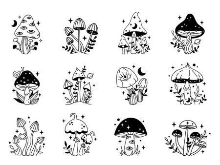 Vector magic set of mushrooms and starts in black color. mystical line fungi. Outline celestial cliparts. Fairytale mushroom collection. moons and botany. Witchy esoteric mystic mushrooms.のイラスト素材