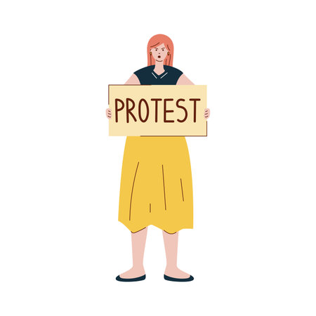 Vector illustration with protesting woman. Girl with protest poster. Protest. Woman holding a poster.のイラスト素材