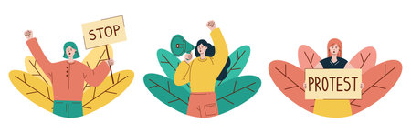 Vector set with protesting women and leaves. girl with loudspeaker. Two girls with posters. protest.のイラスト素材