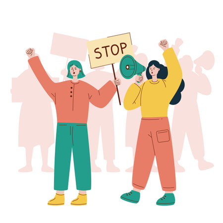 Vector illustration with protesting women. girl with loudspeaker. girl with poster. protest. Crowd of protesters.のイラスト素材