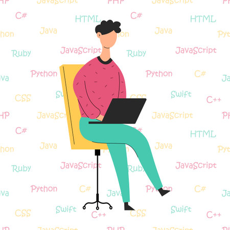 Programmer sits on a chair. Programmer in flat design. Man with laptop. programming languages.のイラスト素材