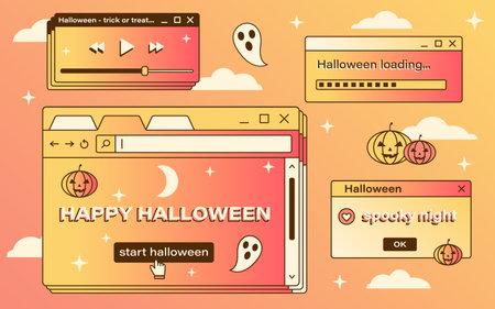 Vector Halloween vaporwave computer interface. Retro illustration with Happy Halloween message. Pumpkins and ghosts. magic desktop. Gradient browser and dialog windows.のイラスト素材