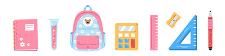 Vector back to school set. Cute pink collection of school supplies for children. Colorful flat design. Backpack, calculator, pen, ruler, sharpener, notebook and test tub.のイラスト素材