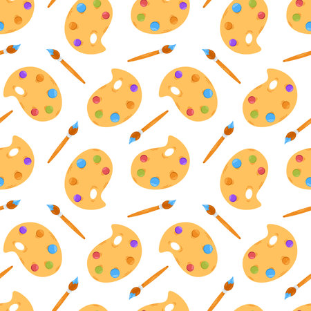 Vector seamless pattern with palette paint and paintbrush. Cute paints. drawing. Brush in blue paint. back to school. Hobbies.のイラスト素材