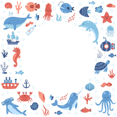 Vector round frame with marine animals and boats in flat design. Template with whale, dolphin, octopus, narwhal, submarine. Border with sea animals. marine life.のイラスト素材