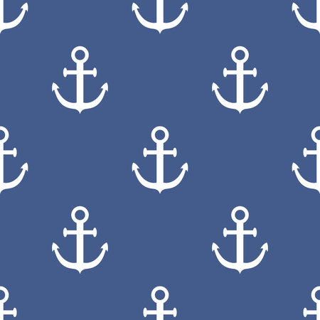 Vector seamless marine pattern. White anchors on blue background. Pattern with anchors in flat...