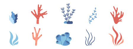 Vector water plant collection with corals, seaweed and algae. Marine set with sea and ocean plants.のイラスト素材
