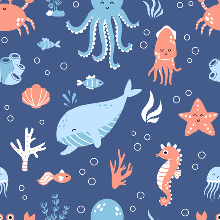 Vector seamless marine pattern. Sea animals on dark blue background. Pattern with whale, octopus, sea crab, starfish, jellyfish and other fishes in flat design. childish background.のイラスト素材